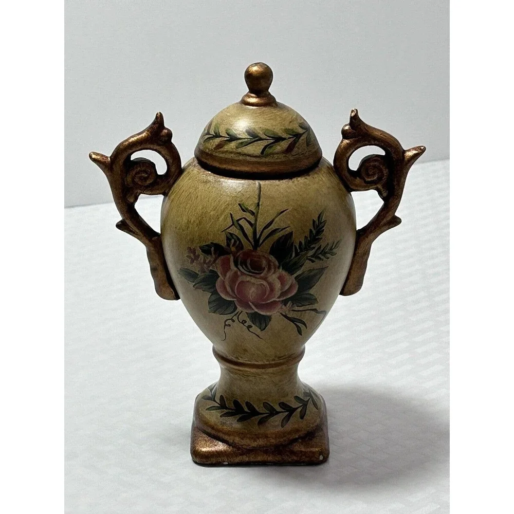 Floral Art Handpainted Ceramic Gold Urn Handle Pedestal Vase‎ W/ Lid